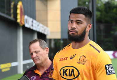 NRL BRONCOS PAYNE HAAS PRESSER, Brisbane Broncos player Payne Haas (right) and Broncos Coach Kevin Walters (left) speak