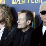 Members of British rock band Led Zeppelin bass player Jones, lead singer Plant and guitarist Page arrive for the premiere of their film "Celebration Day", in New Yor